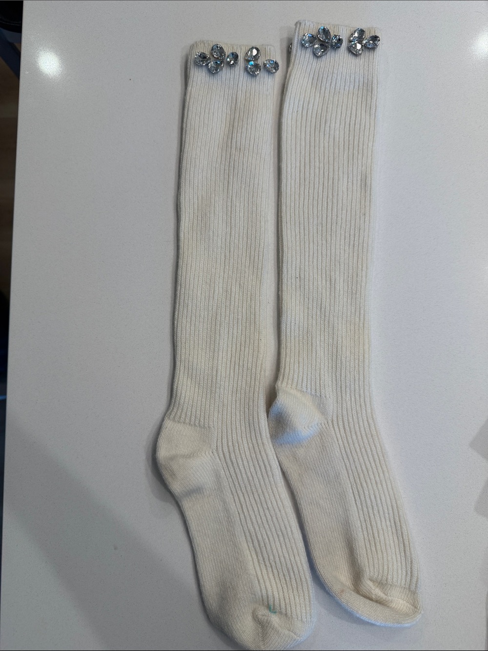 Maje White Cream Ecru Long Knee High Socks With Rhinestone Embellished Size: OS